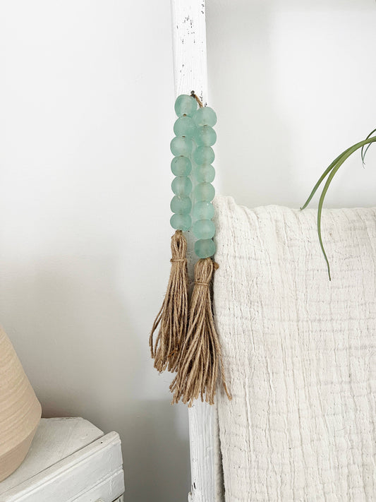 Glass Garland Aqua Blue Sea Glass: Jute Tassel