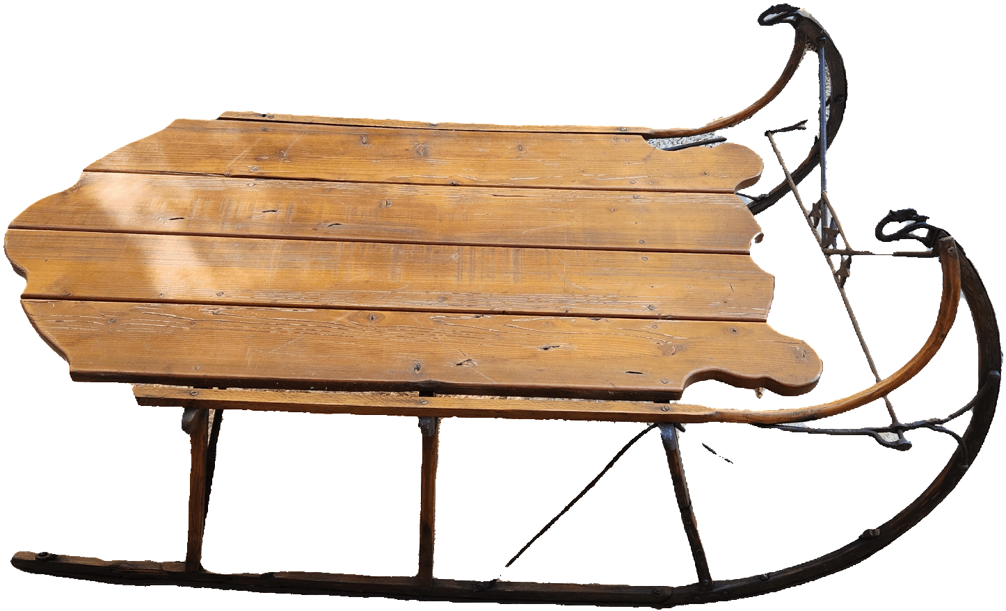 Antique pine sleigh with swan head detail and iron runners