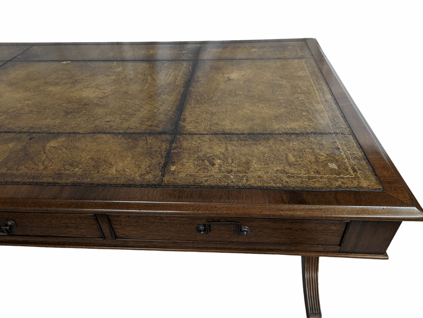 Antique English leather top desk with drawers on casters