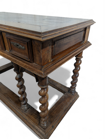 Antique Fruitwood table with 3 drawers with turned legs