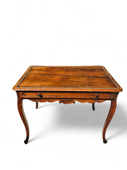 Continental Antique Walnut bureau plat table with brass nailhead inset detail