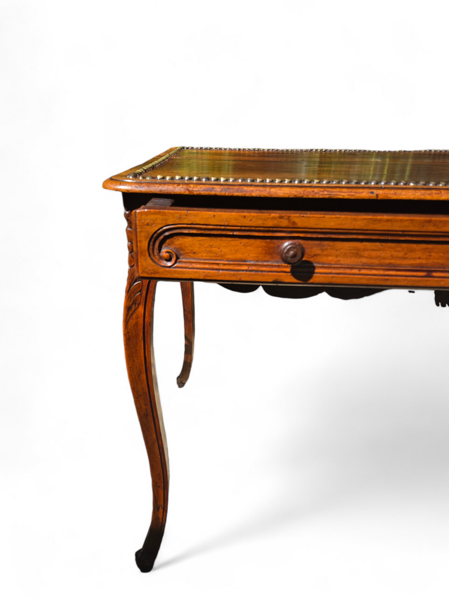 Continental Antique Walnut bureau plat table with brass nailhead inset detail