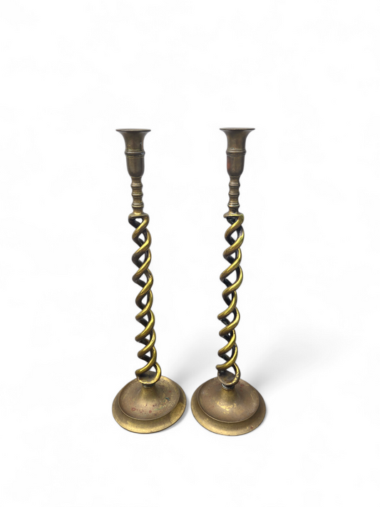 ANTIQUE BRASS OPEN TWIST CANDLESTICKS