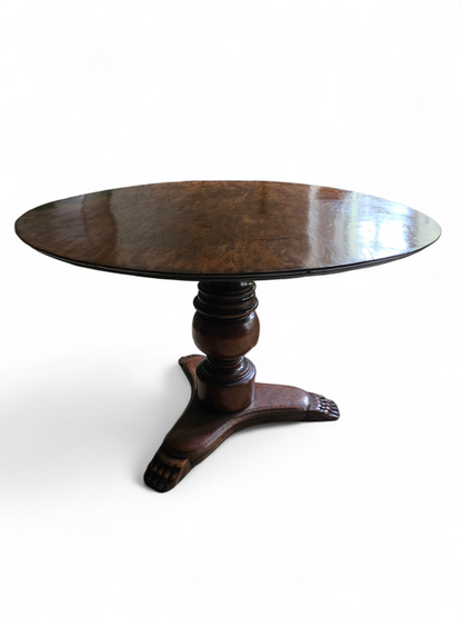 Antique Italian Round Walnut Pedestal Table with carved feet