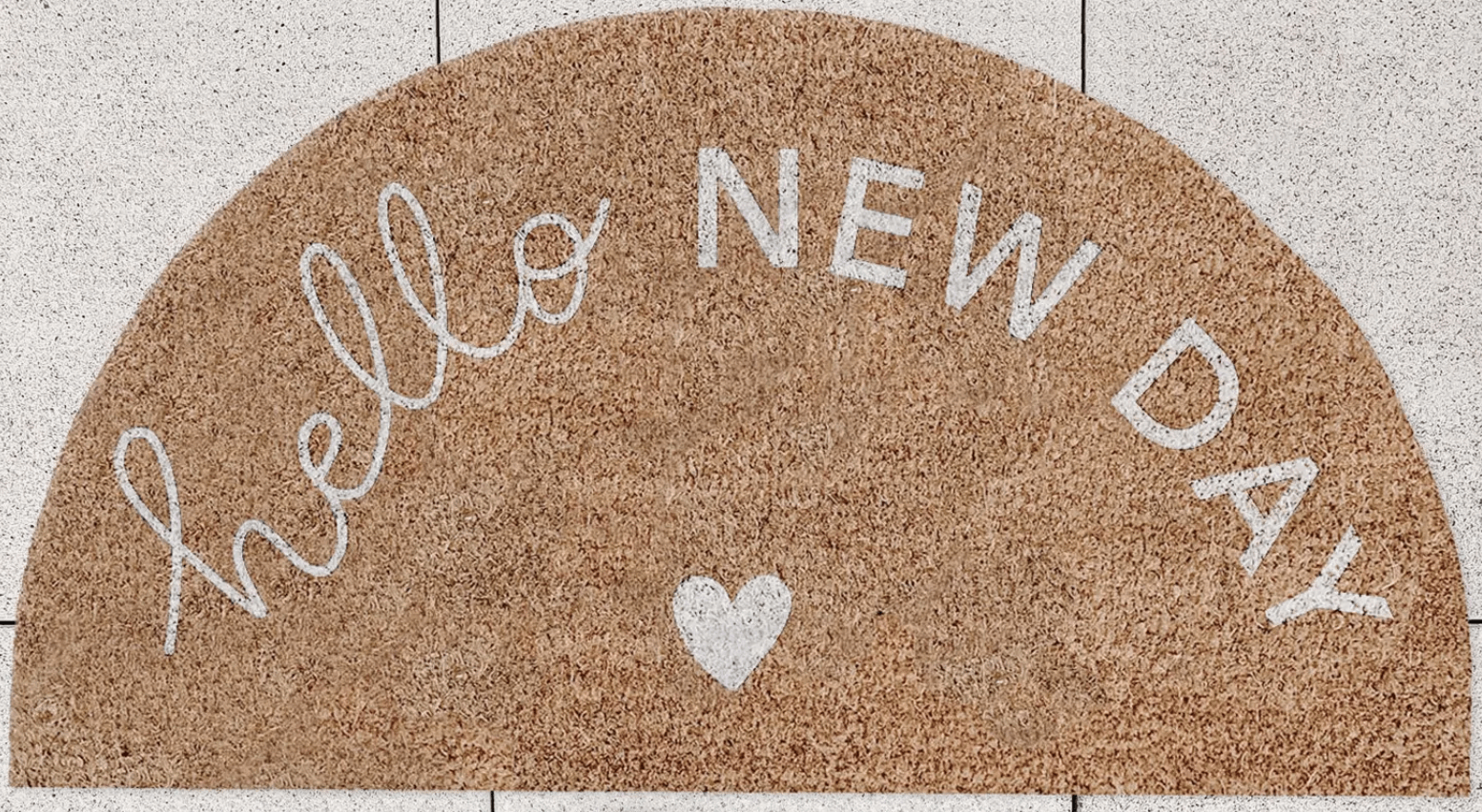 Coconut doormat, half round, Hello New Day