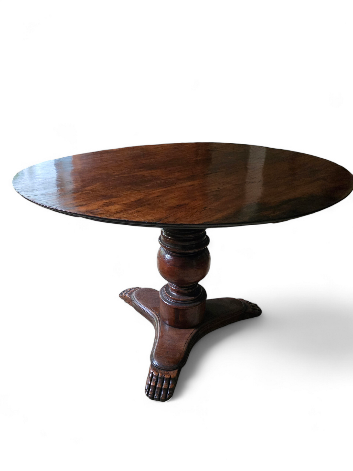 Antique Italian Round Walnut Pedestal Table with carved feet