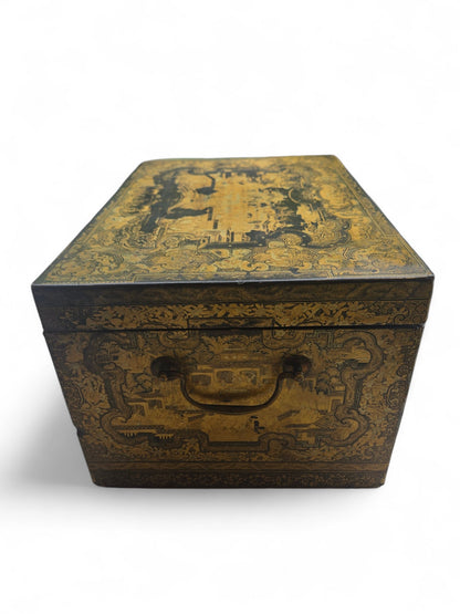 Antique large lacquered gilt tea chest