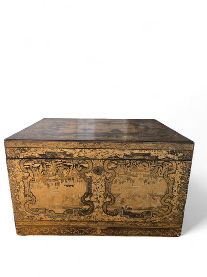 Antique large lacquered gilt tea chest