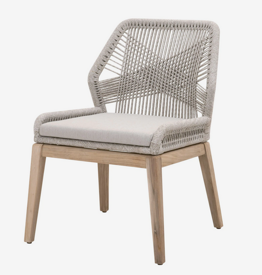 Loom Outdoor Dining Chair in Taupe & White Flat Rope, Pumice, Gray Teak